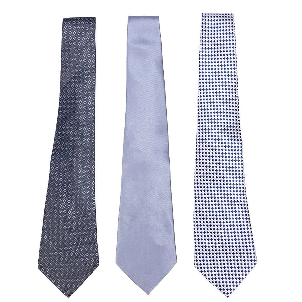 Kai Long Mens 100% Silk‎ Tie Set 3PC Grey Blue Navy Geometric Solid Hand Made